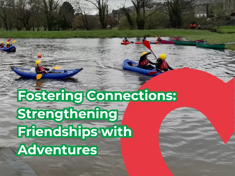 Foster children canoeing Text: Fostering connections: Strengthening friendships with adventures