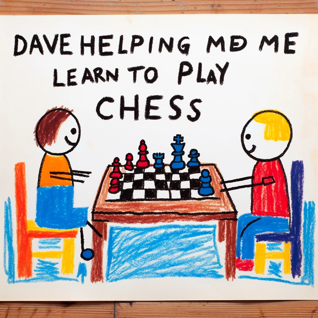 A hand drawn image of two people sat at a desk playing chess. One player is using blue pieces and the other red. They are both smiling. The text reads "Dave helping me learn to play chess"