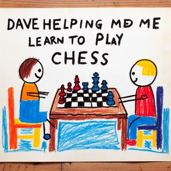 A hand drawn image of two people sat at a desk playing chess. One player is using blue pieces and the other red. They are both smiling. The text reads "Dave helping me learn to play chess"