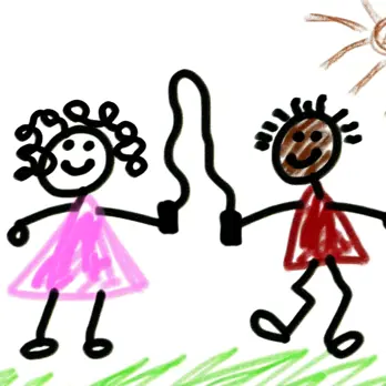 A stick picture of a boy and girl playing jump rope